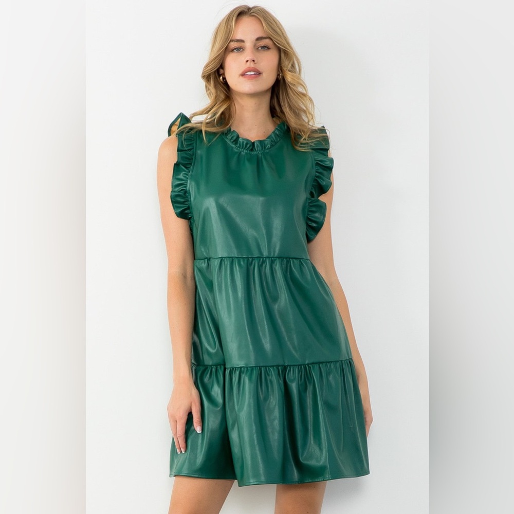 Green vegan leather tiered dress size XS - Picture 4 of 14
